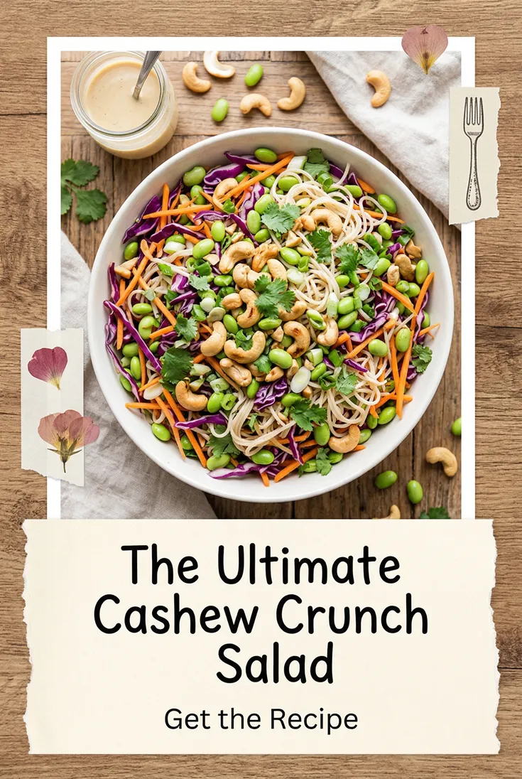 Scrapbook-style recipe pin: a bowl of noodle salad with cashews and edamame, headlined "The Ultimate Cashew Crunch Salad"