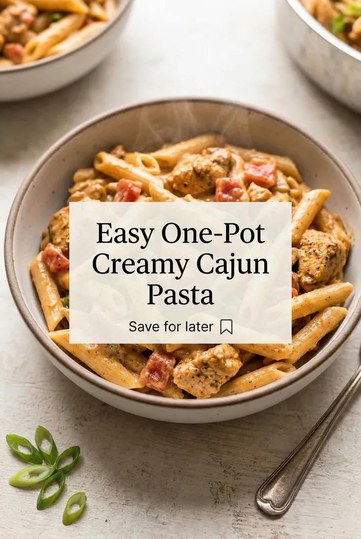 Recipe pin: a steaming bowl of creamy Cajun penne with chicken, headlined "Easy One-Pot Creamy Cajun Pasta"