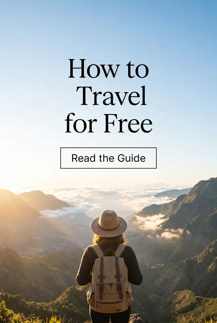 Travel pin: a hiker in a sun hat looking out over mountains above the clouds, headlined "How to Travel for Free"