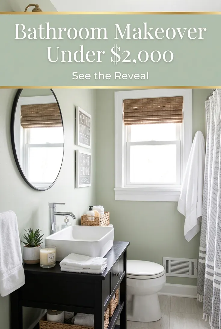 Home decor pin: a sage-green bathroom with a black vanity, headlined "Bathroom Makeover Under $2,000"
