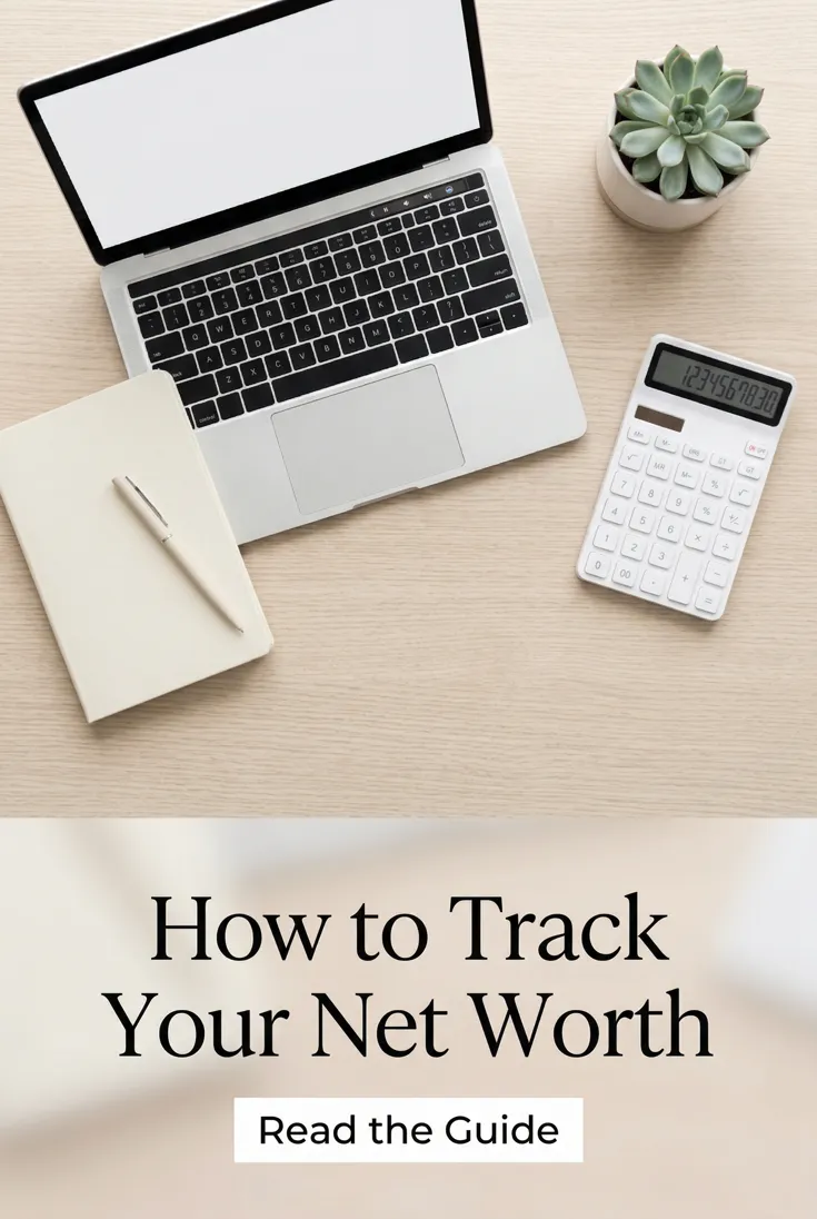 Personal finance pin: a laptop, calculator and notebook on a desk, headlined "How to Track Your Net Worth"