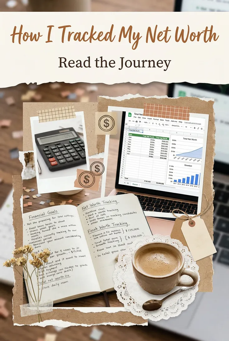 Personal finance pin: a scrapbook collage of a calculator, a net-worth spreadsheet and a handwritten notebook, headlined "How I Tracked My Net Worth"