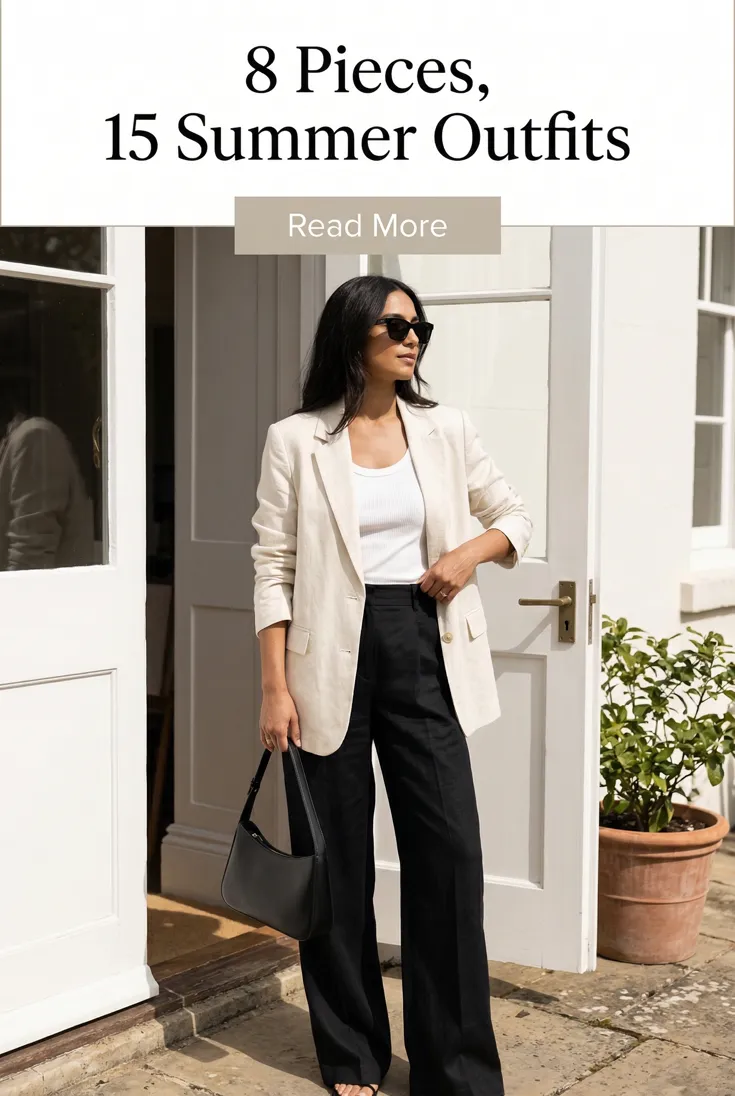 Fashion pin: a woman in a linen blazer and wide-leg trousers, headlined "8 Pieces, 15 Summer Outfits"