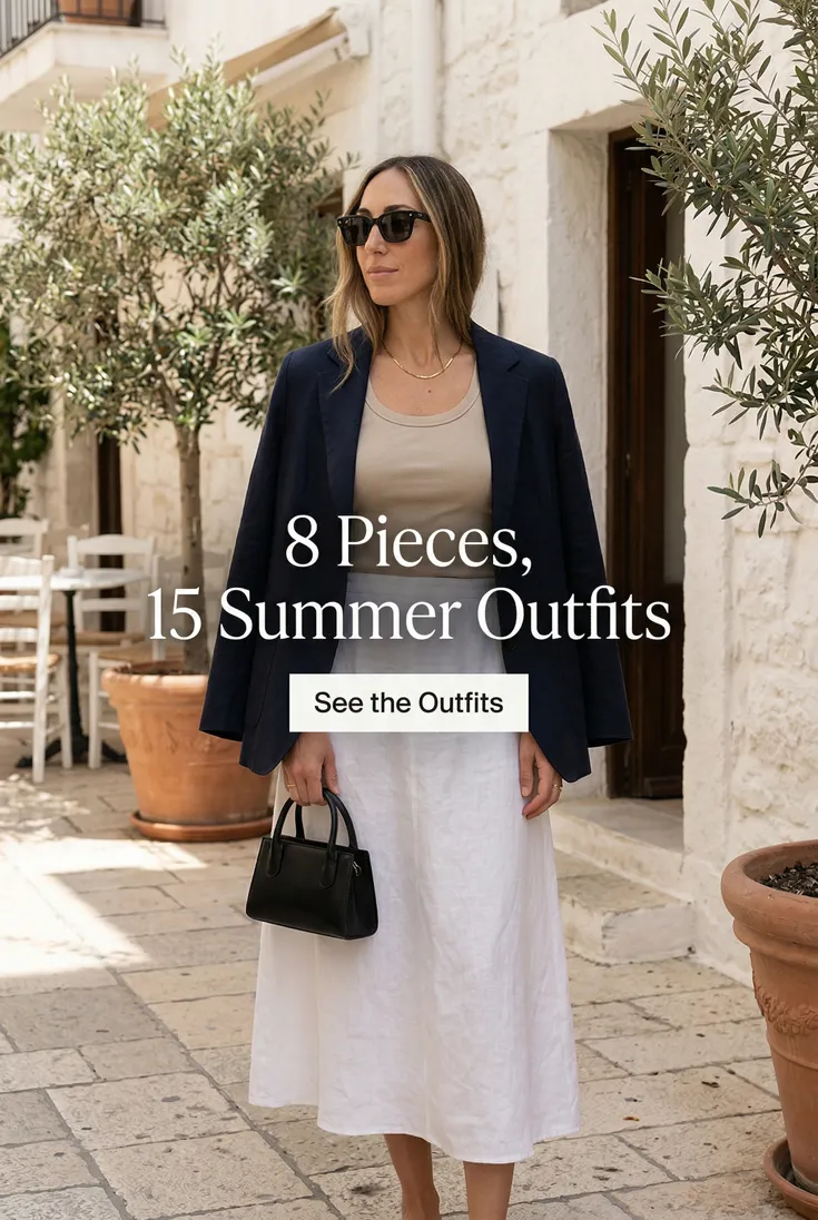 Fashion pin: a woman in a navy blazer and white linen skirt on a sunlit courtyard street, headlined "8 Pieces, 15 Summer Outfits"