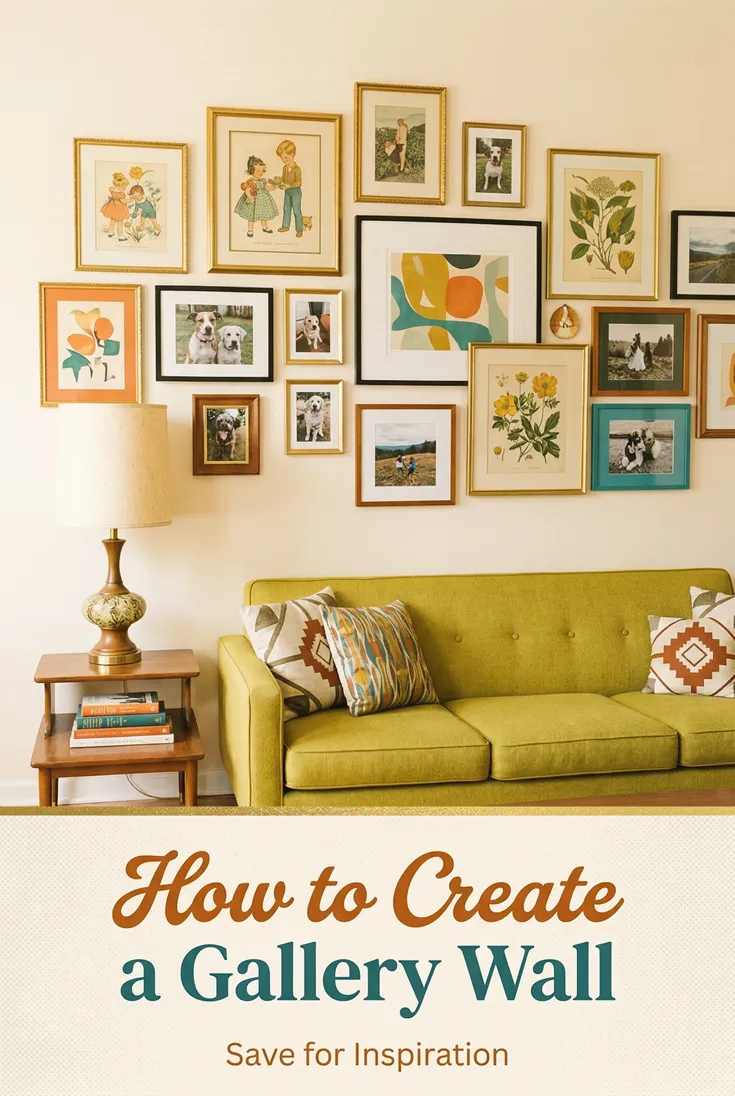DIY pin: a framed gallery wall above a green mid-century sofa, headlined "How to Create a Gallery Wall"