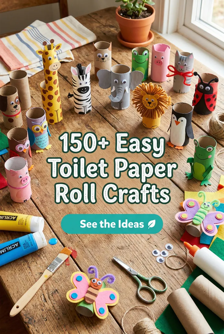 Kids craft pin: painted toilet paper roll animals on a wooden table, headlined "150+ Easy Toilet Paper Roll Crafts"
