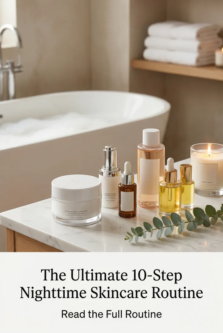 Beauty pin: skincare serums and a lit candle on a marble bathroom vanity, headlined "The Ultimate 10-Step Nighttime Skincare Routine"